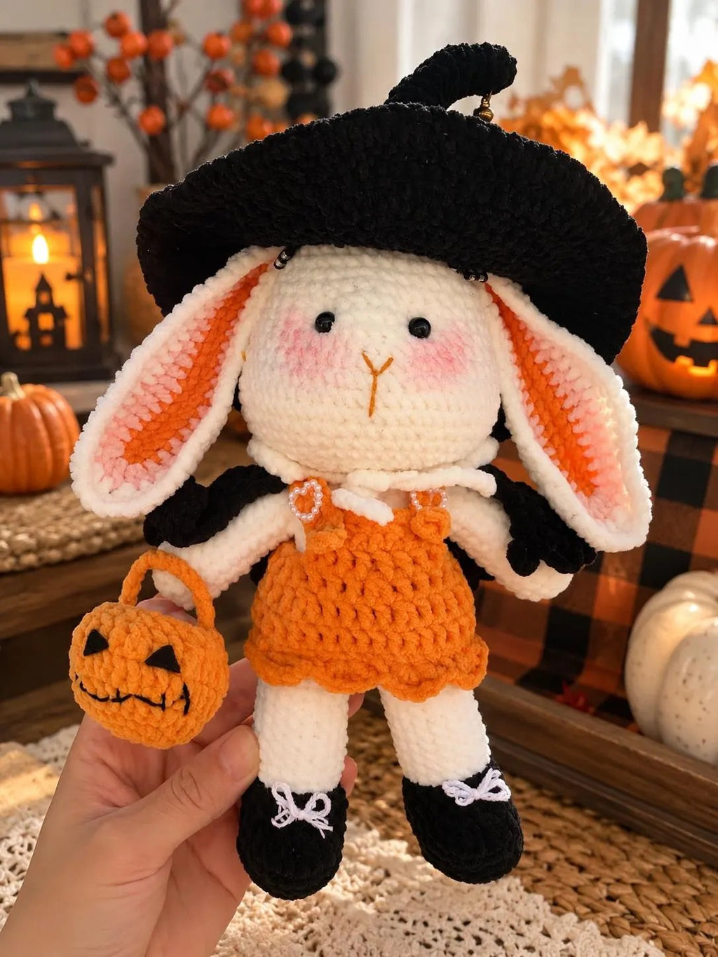 Halloween Crochet Bunny, Witch Rabbit Plush, Pumpkin Bunny Doll, Handmade Fall Gift