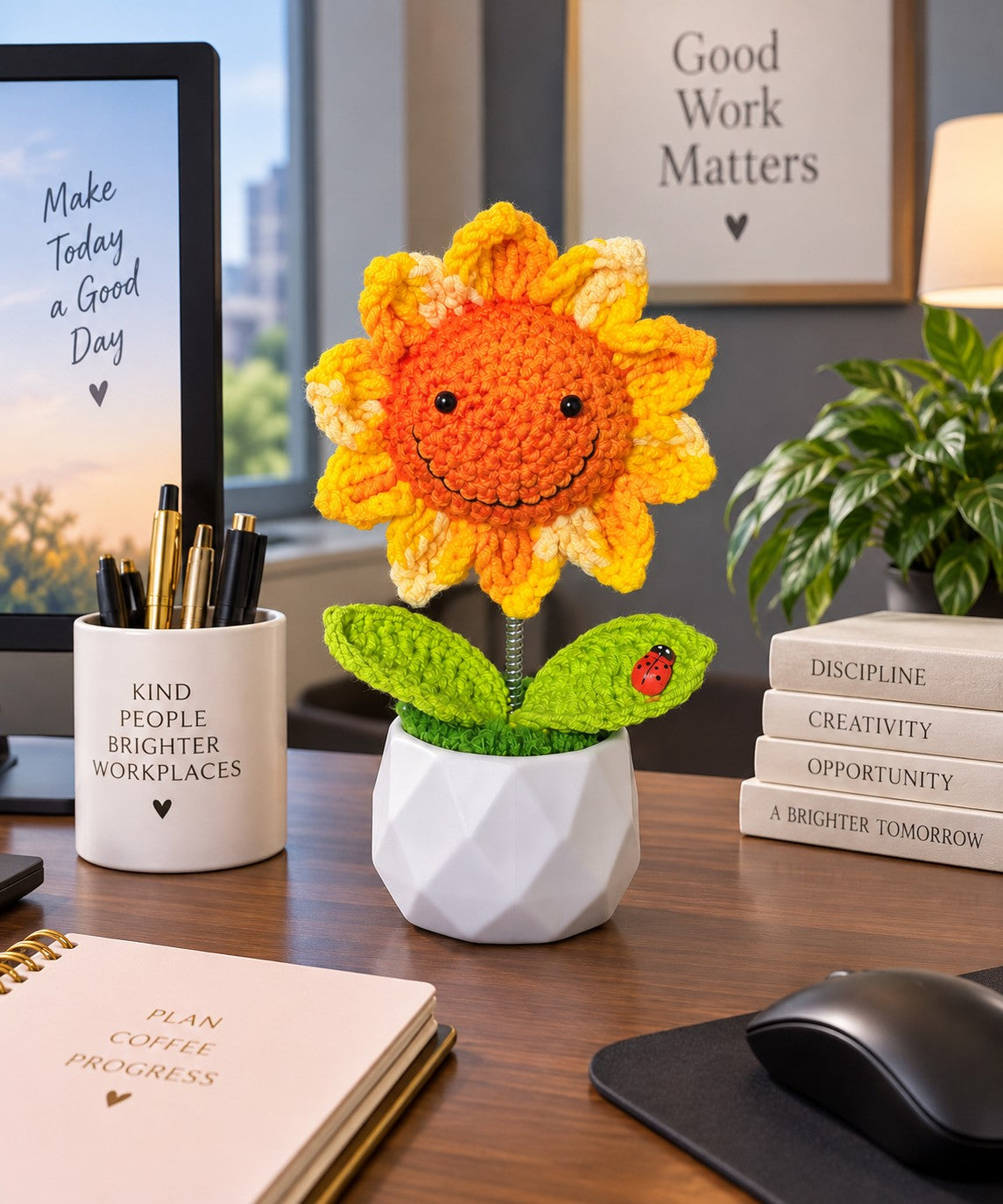 Smiling Crochet Sunflower Bobblehead with Ladybug