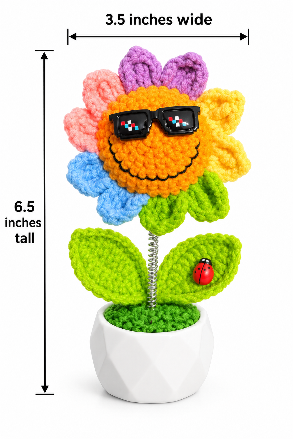 Smiling Crochet Sunflower Bobblehead with Sunglasses