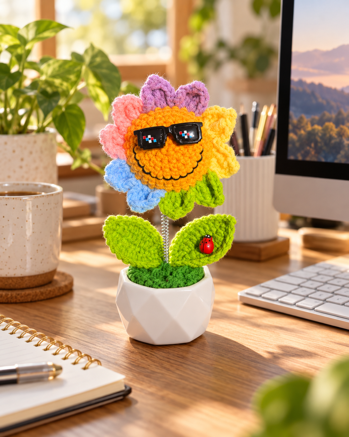 Smiling Crochet Sunflower Bobblehead with Sunglasses