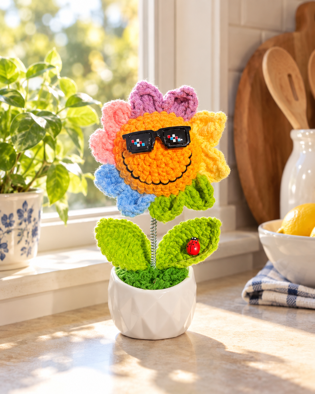 Smiling Crochet Sunflower Bobblehead with Sunglasses