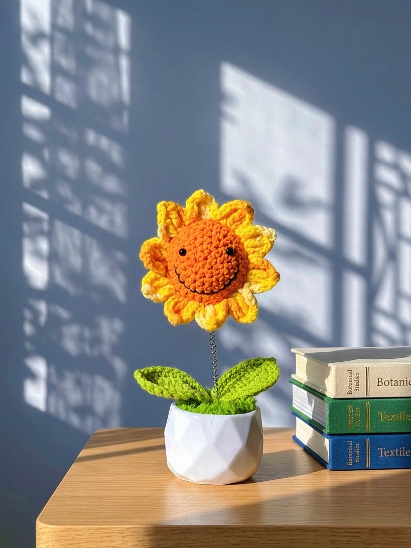 Smiling Crochet Sunflower Bobblehead with Ladybug