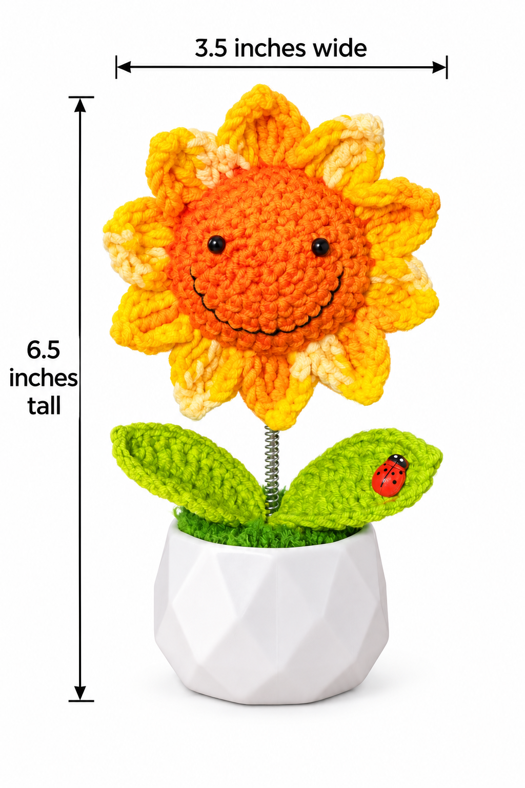 Smiling Crochet Sunflower Bobblehead with Ladybug