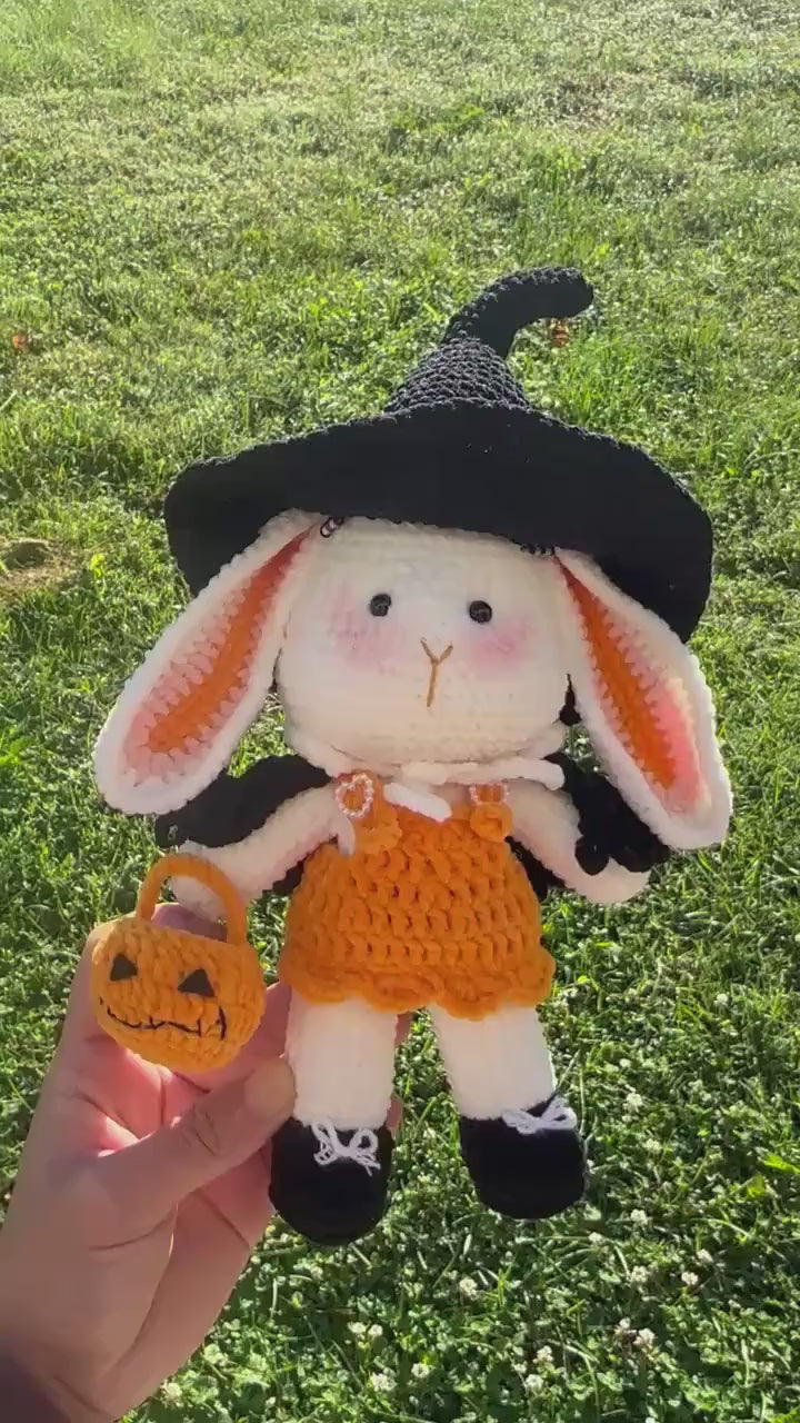 Halloween Crochet Bunny, Witch Rabbit Plush, Pumpkin Bunny Doll, Handmade Fall Gift